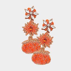 Seed Beaded Earrings Halloween Pumpkin Crystal Felt Back 3.75" Boo Jewelry 1014